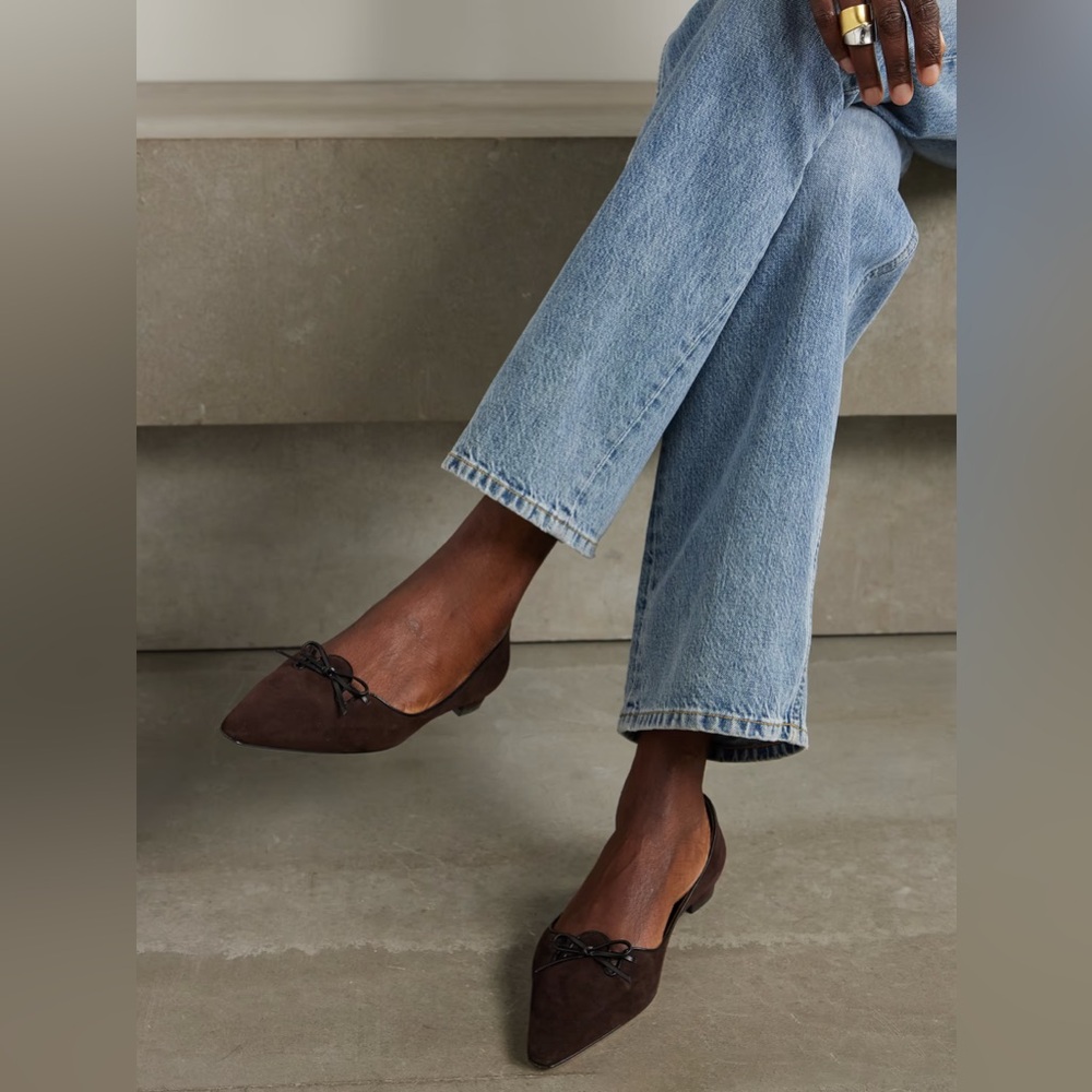 MANOLO BLAHNIK Esmaa Leather-trimmed suede point-toe flats